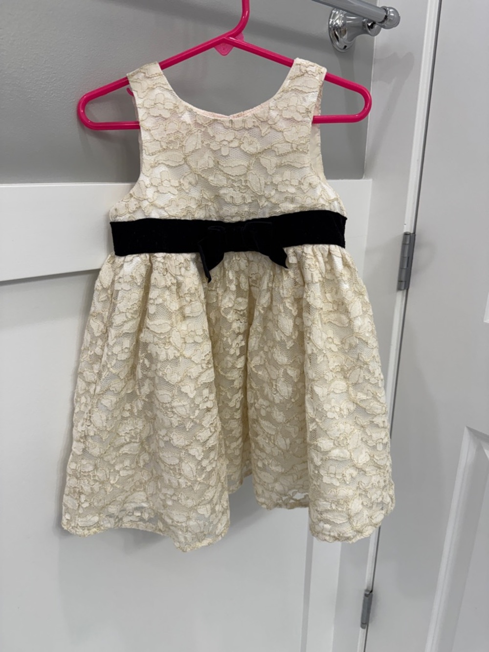 Girls Ivory/ Gold Lace Party Dress with Black Velvet Bow